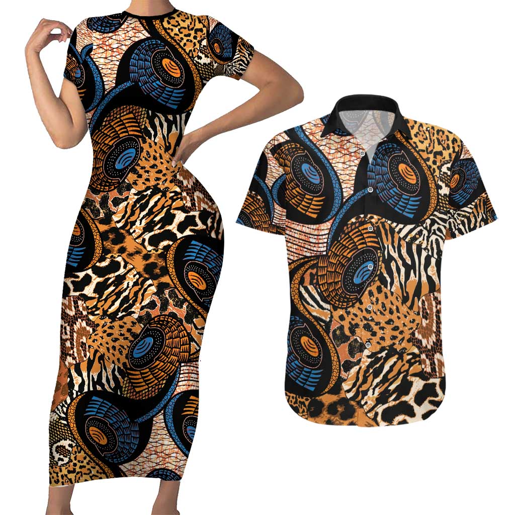 African Ankara Motifs Mixed Animal Skins Couples Matching Short Sleeve Bodycon Dress and Hawaiian Shirt