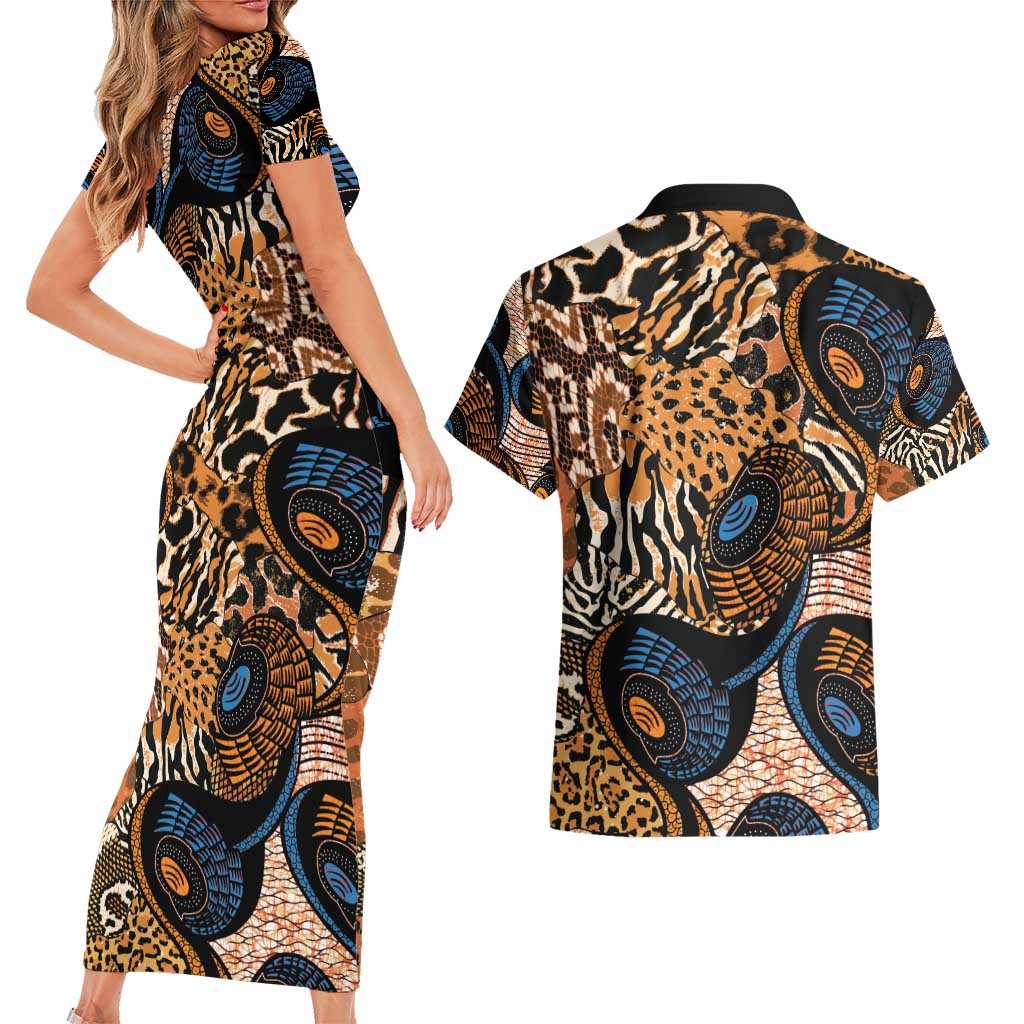 African Ankara Motifs Mixed Animal Skins Couples Matching Short Sleeve Bodycon Dress and Hawaiian Shirt