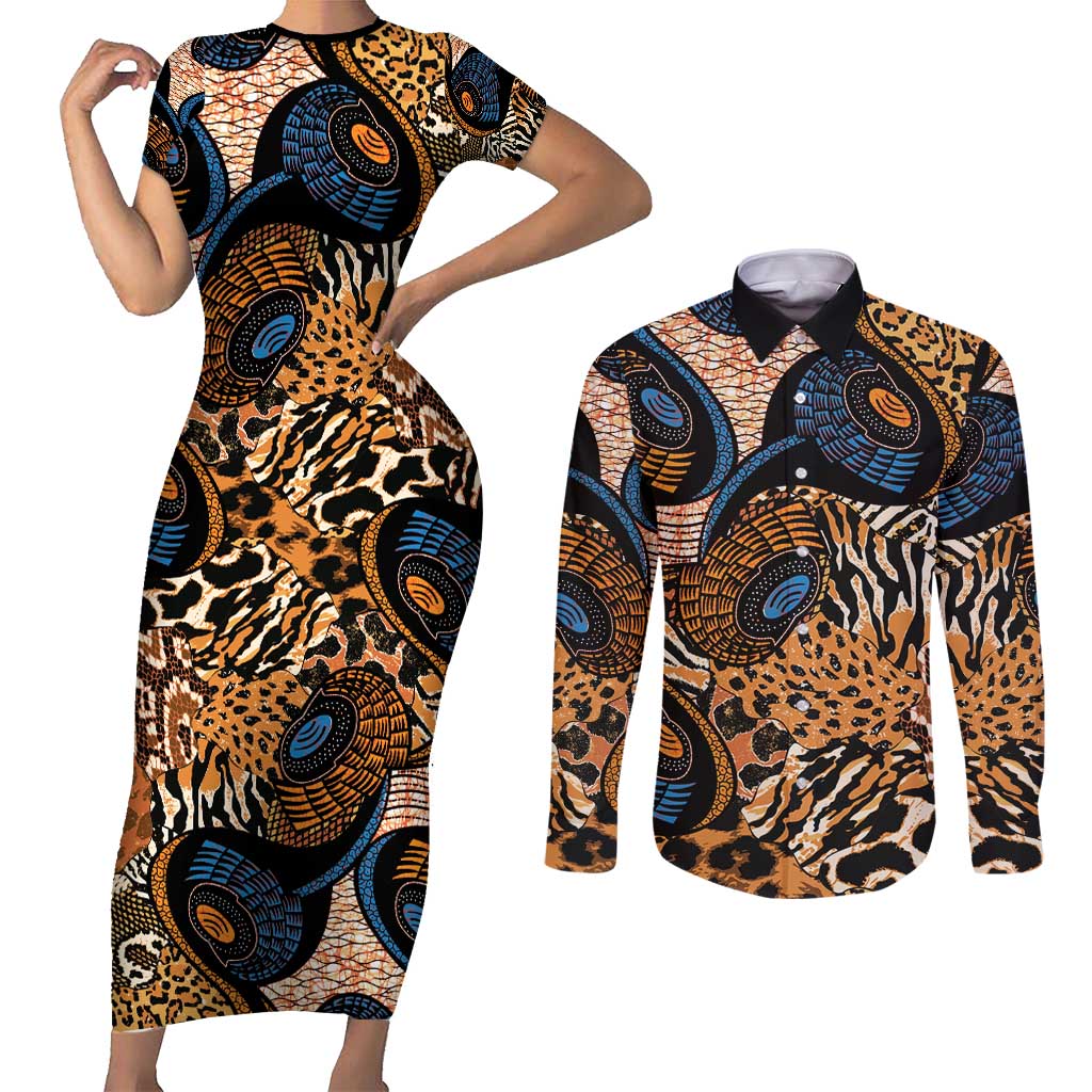 African Ankara Motifs Mixed Animal Skins Couples Matching Short Sleeve Bodycon Dress and Long Sleeve Button Shirt