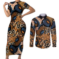 African Ankara Motifs Mixed Animal Skins Couples Matching Short Sleeve Bodycon Dress and Long Sleeve Button Shirt