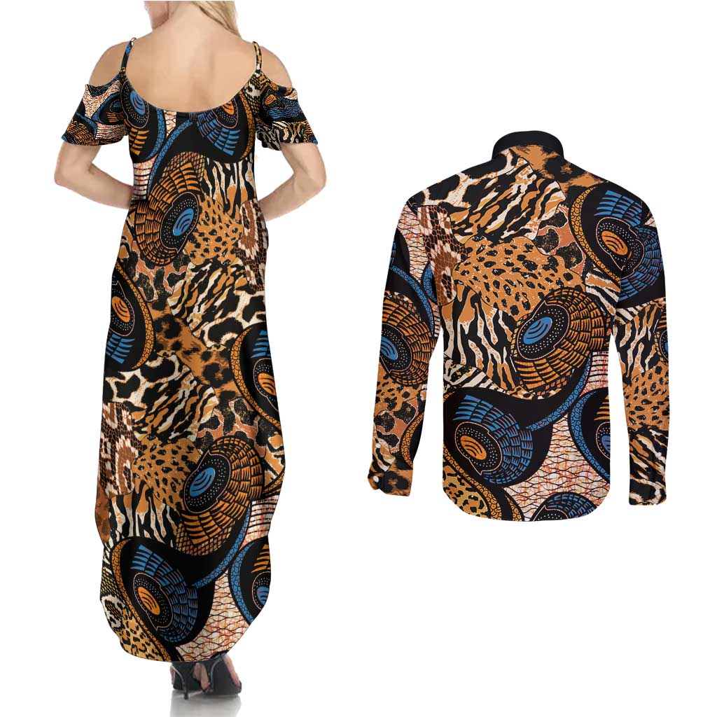 African Ankara Motifs Mixed Animal Skins Couples Matching Summer Maxi Dress and Long Sleeve Button Shirt