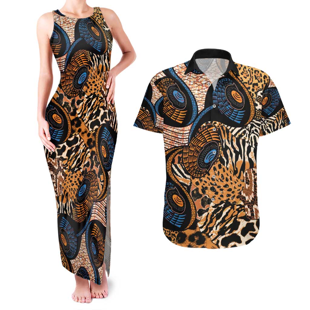 African Ankara Motifs Mixed Animal Skins Couples Matching Tank Maxi Dress and Hawaiian Shirt