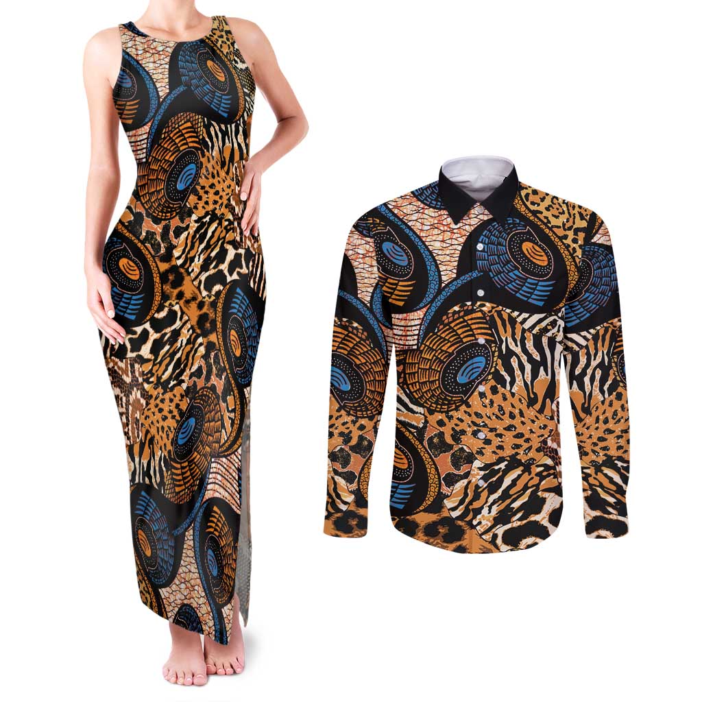 African Ankara Motifs Mixed Animal Skins Couples Matching Tank Maxi Dress and Long Sleeve Button Shirt