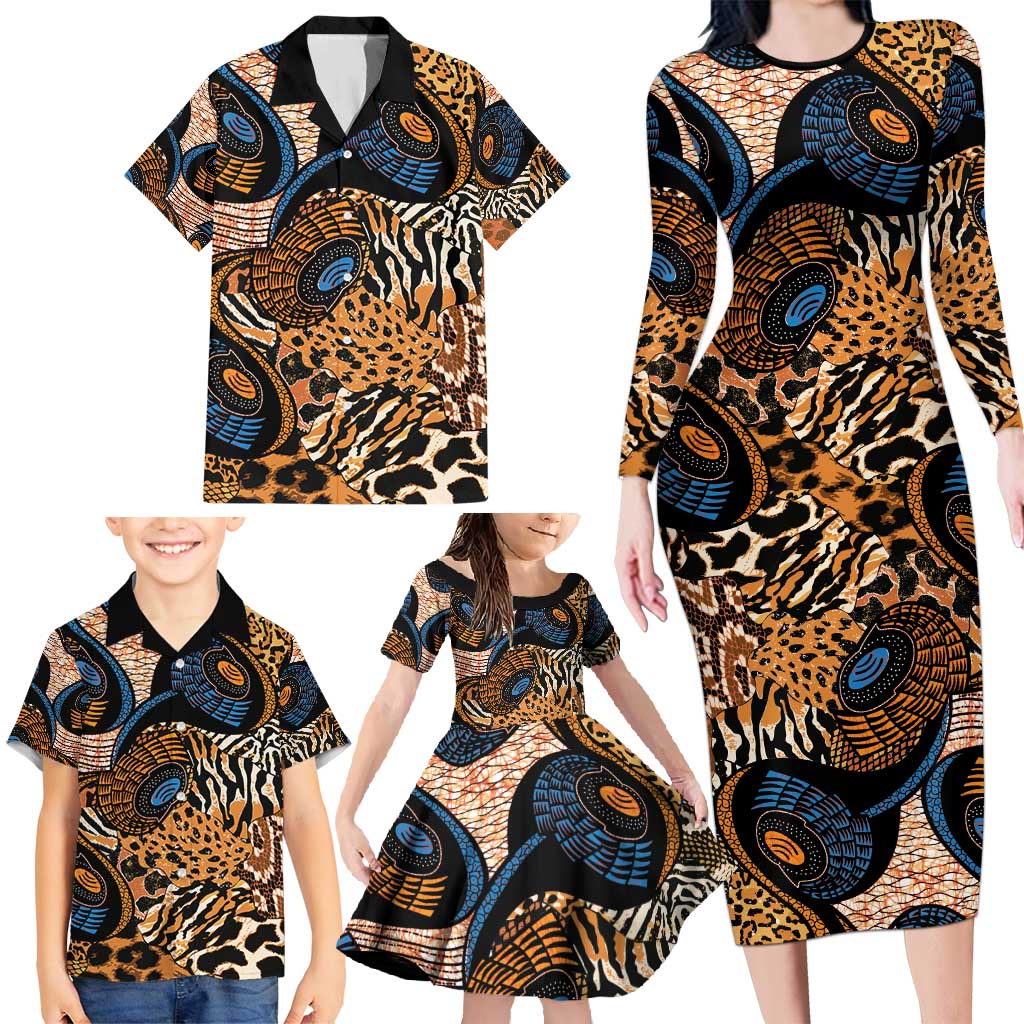 African Ankara Motifs Mixed Animal Skins Family Matching Long Sleeve Bodycon Dress and Hawaiian Shirt LT9 - Wonder Print Shop