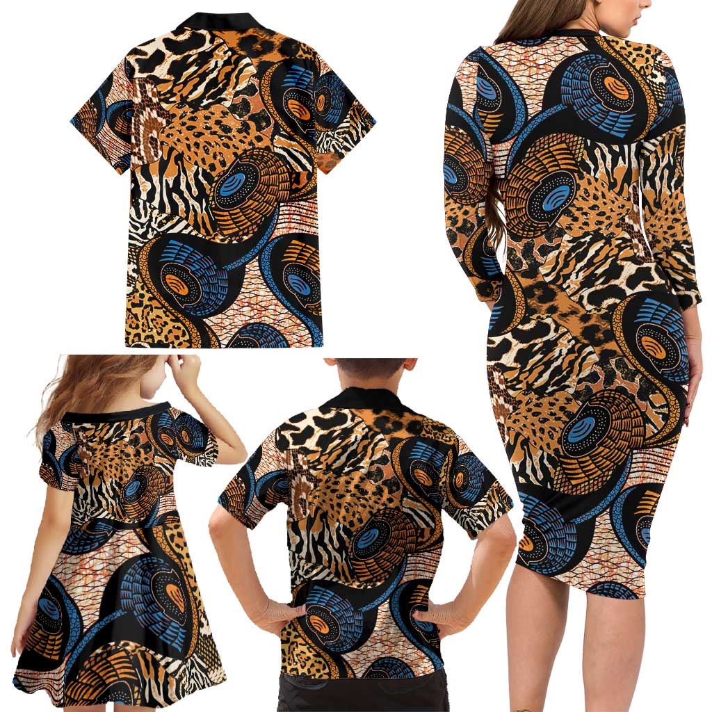 African Ankara Motifs Mixed Animal Skins Family Matching Long Sleeve Bodycon Dress and Hawaiian Shirt LT9 - Wonder Print Shop
