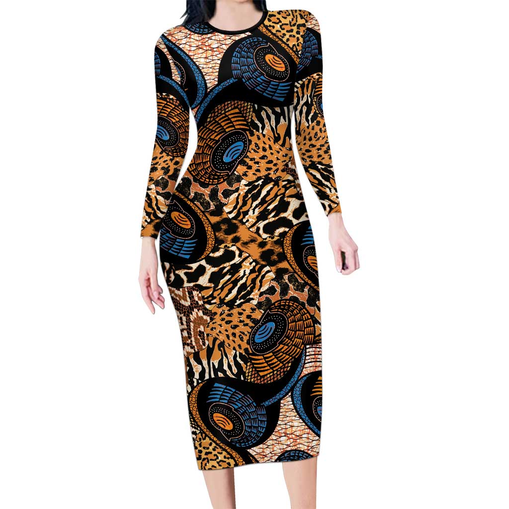 African Ankara Motifs Mixed Animal Skins Family Matching Long Sleeve Bodycon Dress and Hawaiian Shirt LT9 - Wonder Print Shop