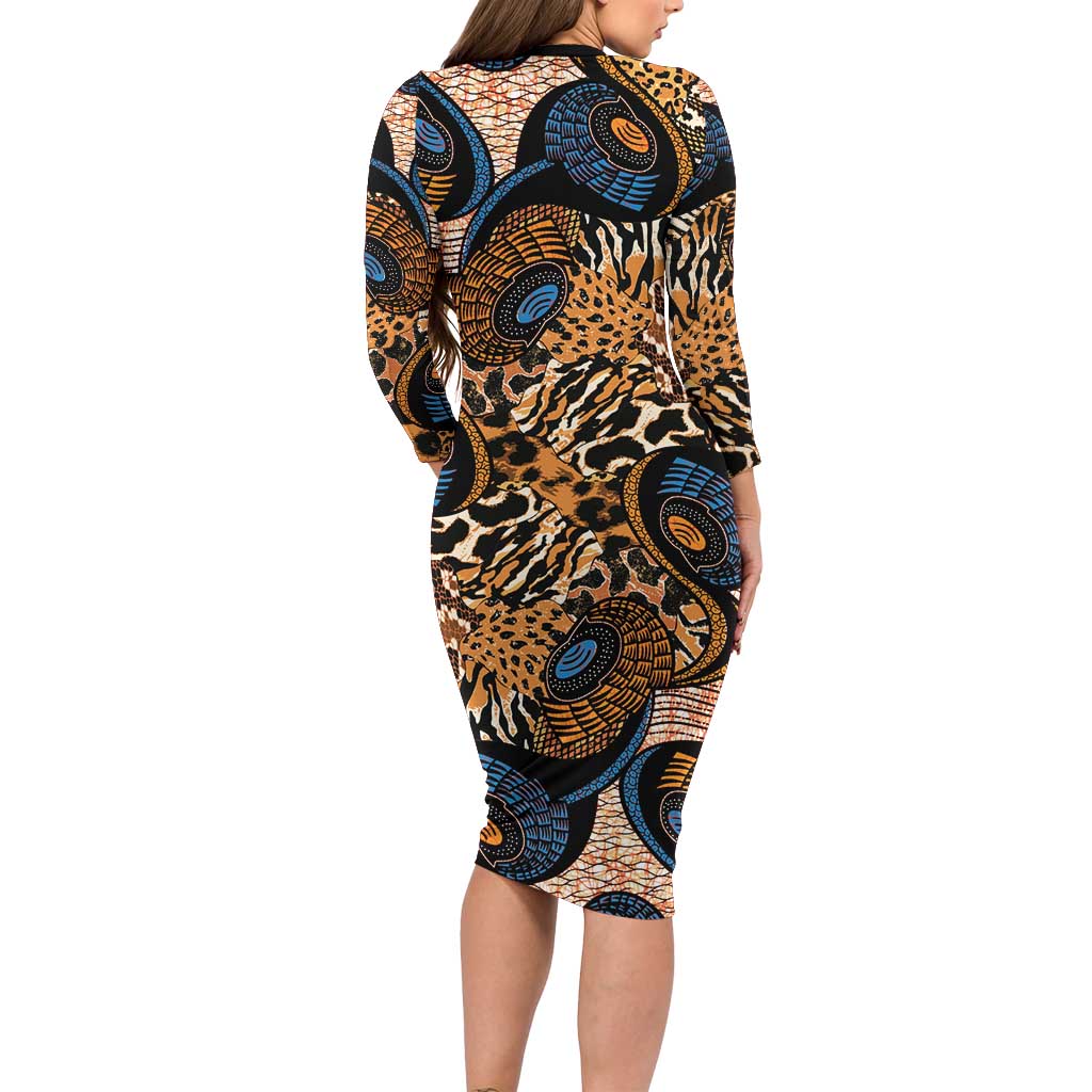 African Ankara Motifs Mixed Animal Skins Family Matching Long Sleeve Bodycon Dress and Hawaiian Shirt LT9 - Wonder Print Shop