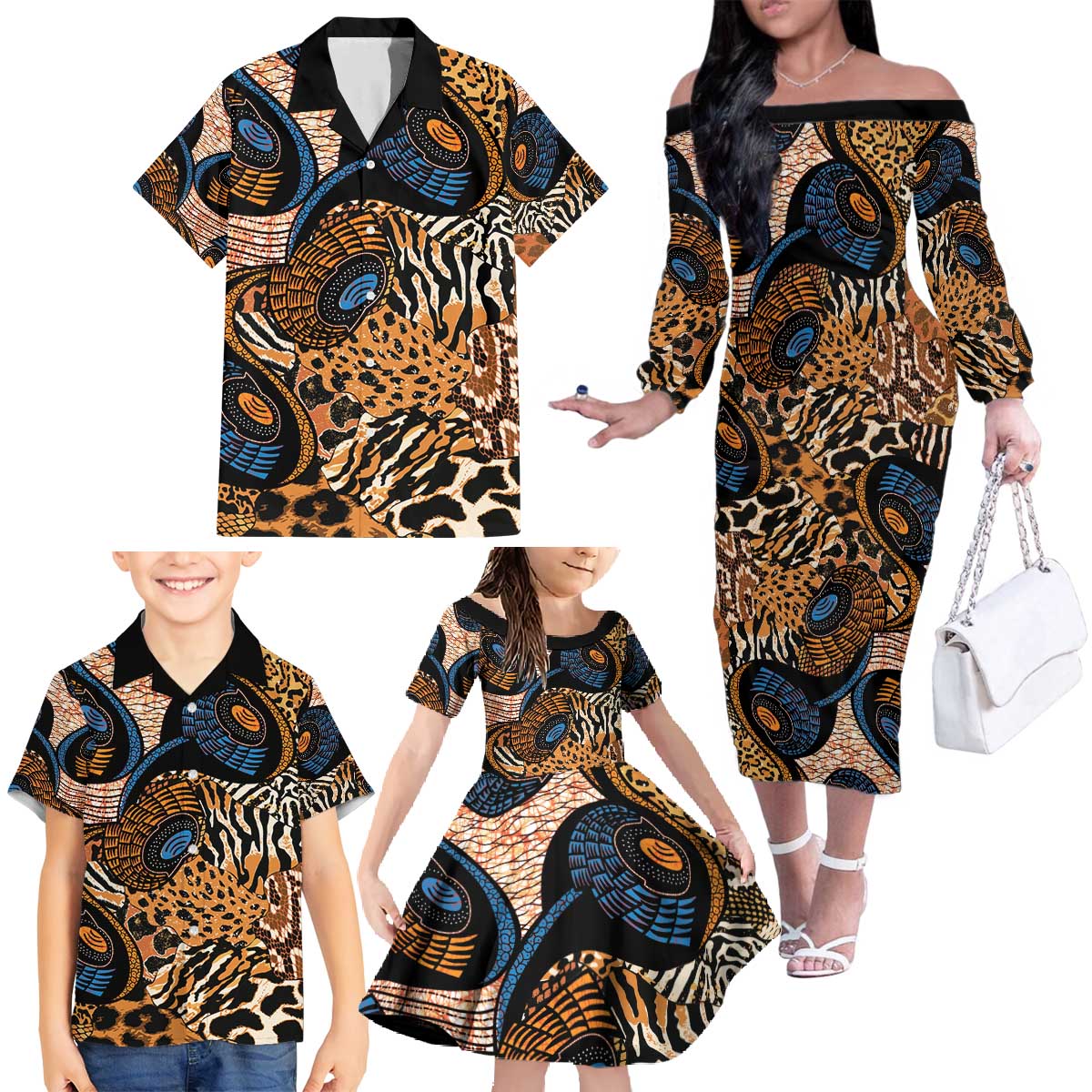 African Ankara Motifs Mixed Animal Skins Family Matching Off The Shoulder Long Sleeve Dress and Hawaiian Shirt