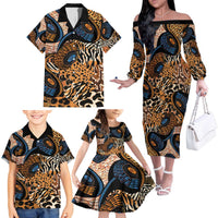 African Ankara Motifs Mixed Animal Skins Family Matching Off The Shoulder Long Sleeve Dress and Hawaiian Shirt