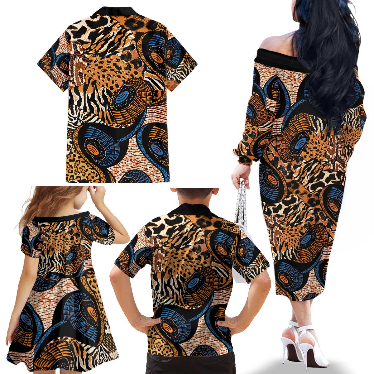 African Ankara Motifs Mixed Animal Skins Family Matching Off The Shoulder Long Sleeve Dress and Hawaiian Shirt