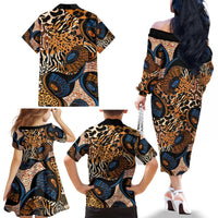 African Ankara Motifs Mixed Animal Skins Family Matching Off The Shoulder Long Sleeve Dress and Hawaiian Shirt