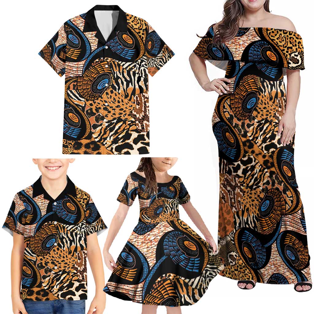 African Ankara Motifs Mixed Animal Skins Family Matching Off Shoulder Maxi Dress and Hawaiian Shirt LT9 - Wonder Print Shop