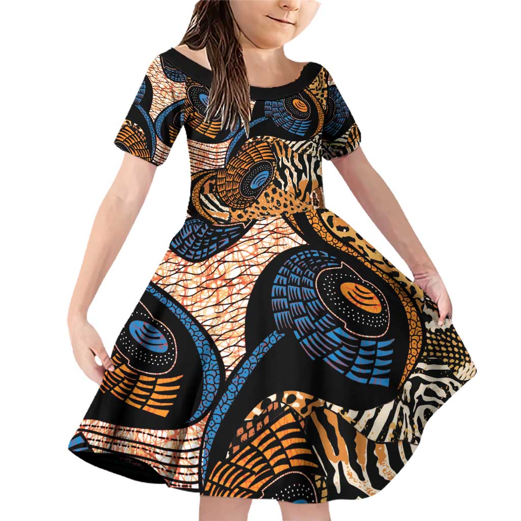 African Ankara Motifs Mixed Animal Skins Family Matching Off Shoulder Short Dress and Hawaiian Shirt LT9 - Wonder Print Shop