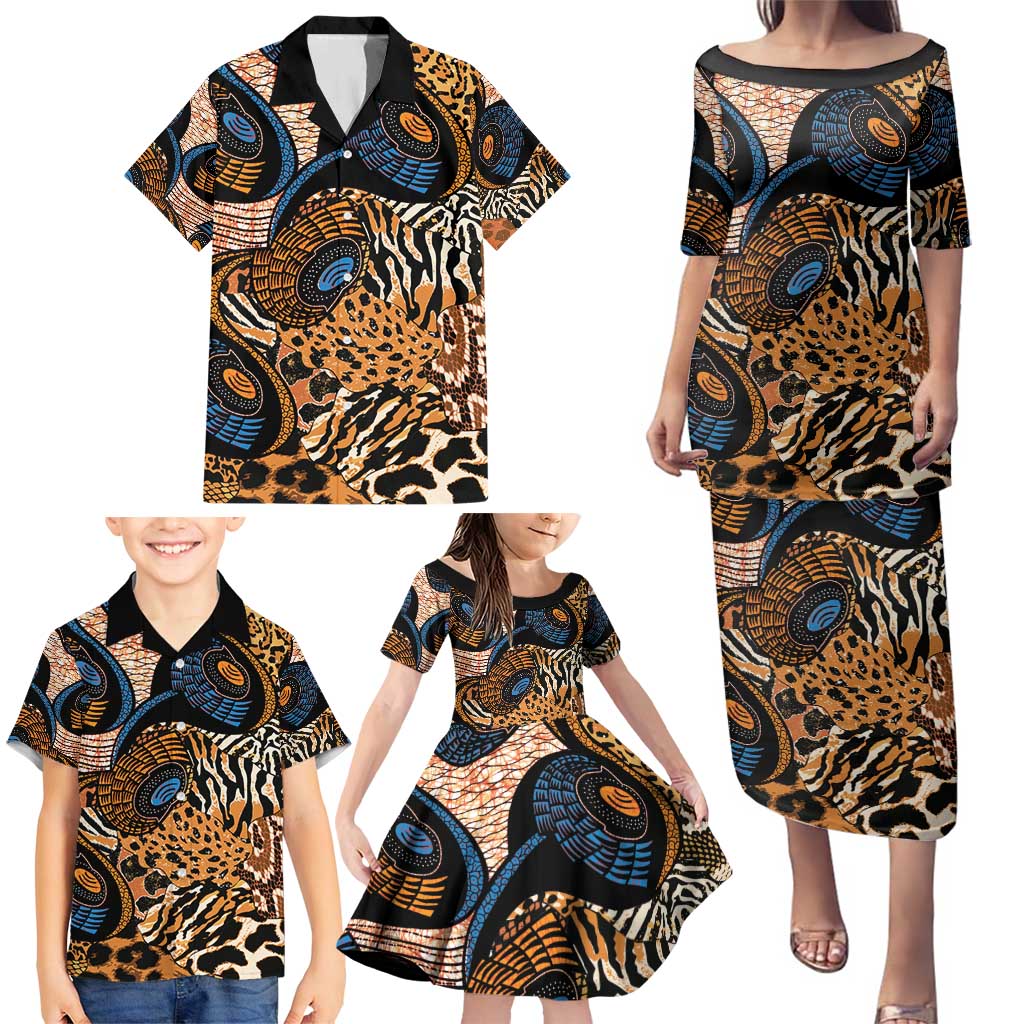 African Ankara Motifs Mixed Animal Skins Family Matching Puletasi and Hawaiian Shirt