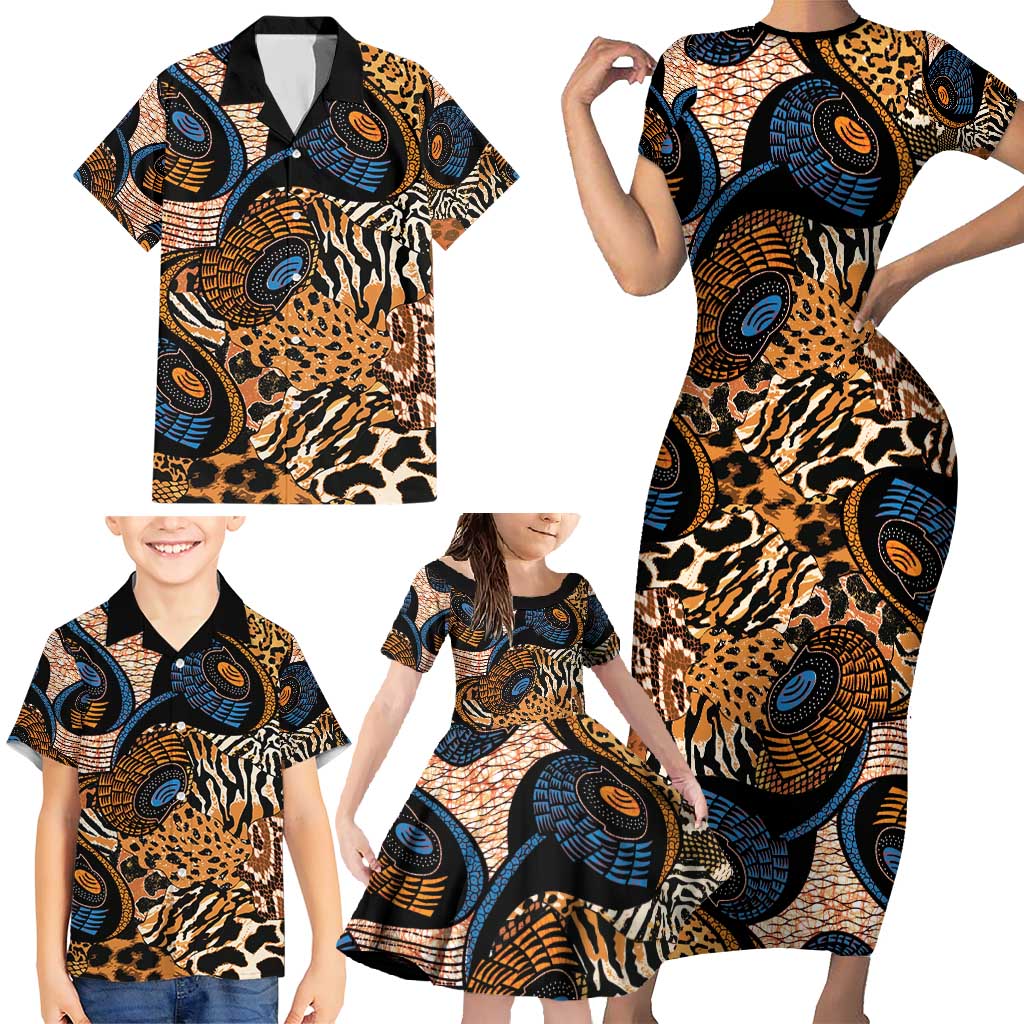 African Ankara Motifs Mixed Animal Skins Family Matching Short Sleeve Bodycon Dress and Hawaiian Shirt - Wonder Print Shop