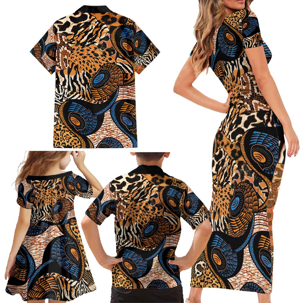 African Ankara Motifs Mixed Animal Skins Family Matching Short Sleeve Bodycon Dress and Hawaiian Shirt - Wonder Print Shop