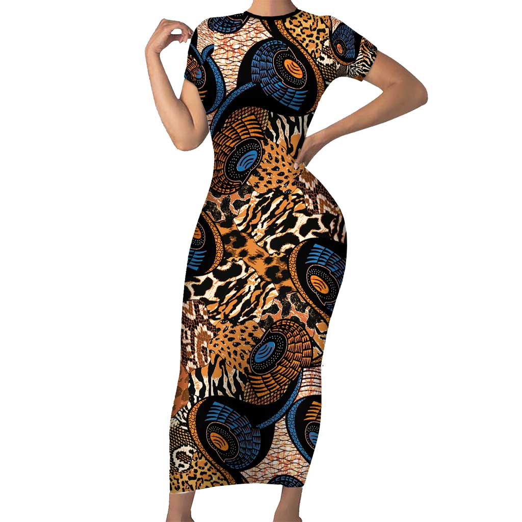 African Ankara Motifs Mixed Animal Skins Family Matching Short Sleeve Bodycon Dress and Hawaiian Shirt - Wonder Print Shop