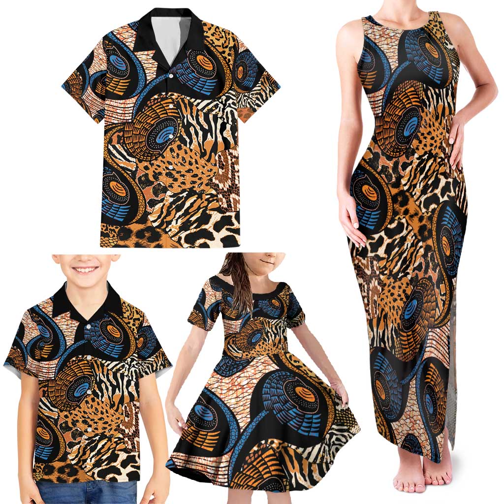 African Ankara Motifs Mixed Animal Skins Family Matching Tank Maxi Dress and Hawaiian Shirt - Wonder Print Shop