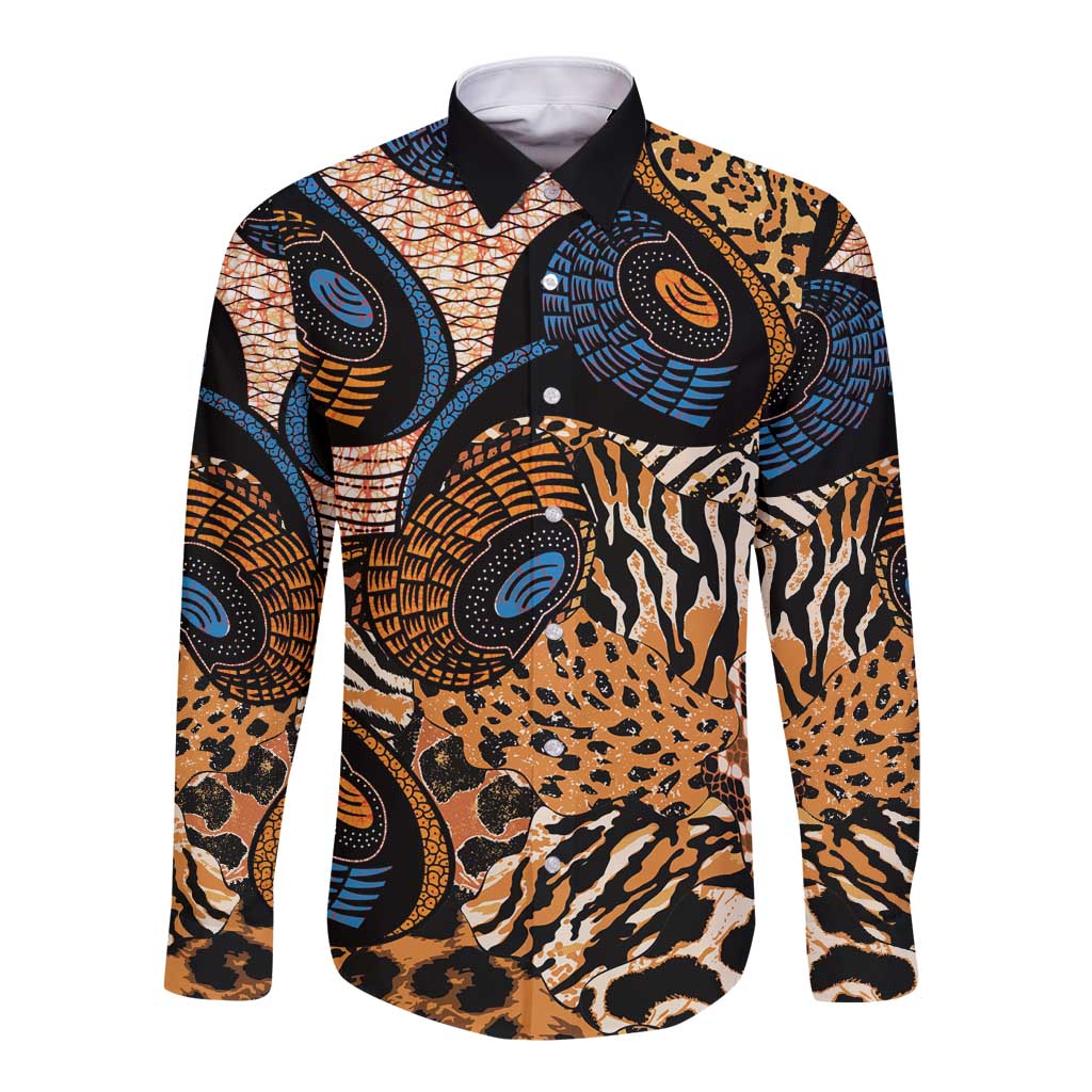 African Ankara Motifs Mixed Animal Skins Long Sleeve Button Shirt