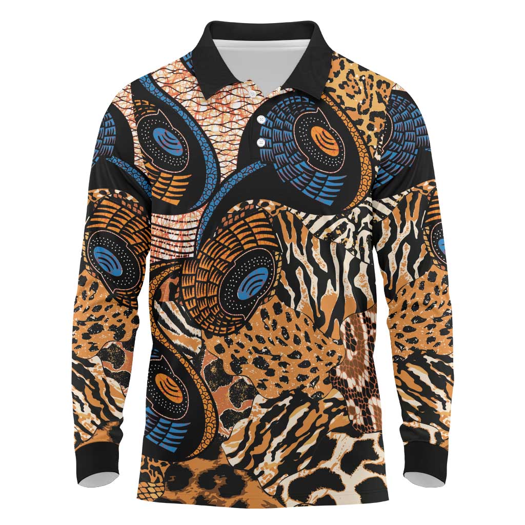 African Ankara Motifs Mixed Animal Skins Long Sleeve Polo Shirt - Wonder Print Shop