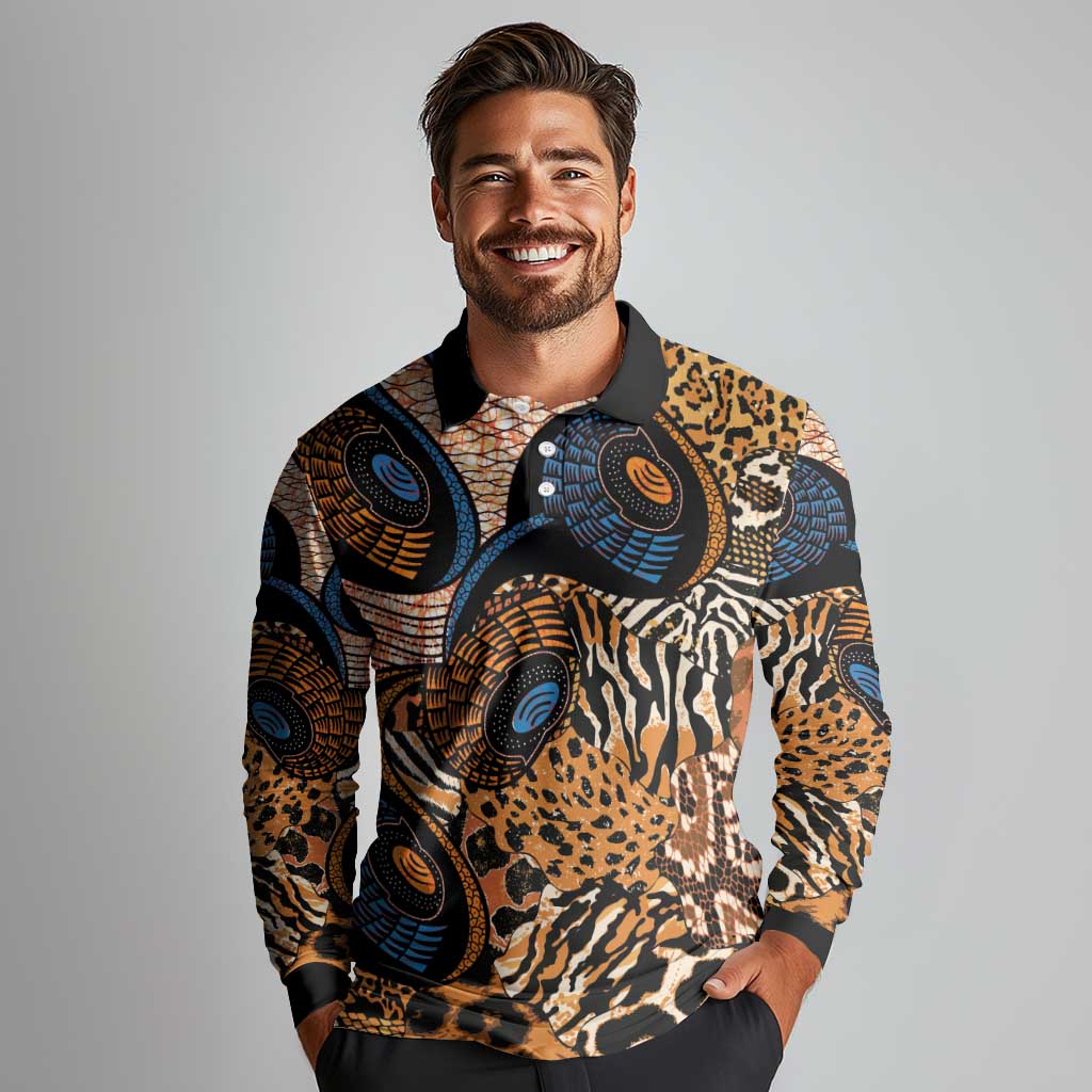 African Ankara Motifs Mixed Animal Skins Long Sleeve Polo Shirt - Wonder Print Shop