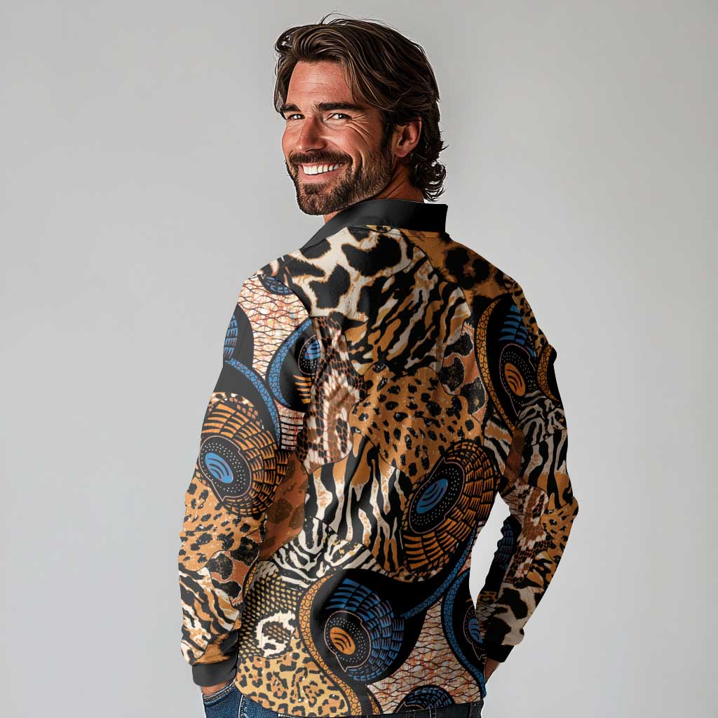 African Ankara Motifs Mixed Animal Skins Long Sleeve Polo Shirt - Wonder Print Shop
