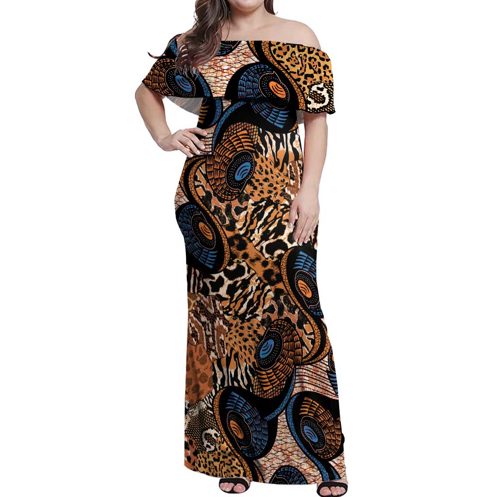 African Ankara Motifs Mixed Animal Skins Off Shoulder Maxi Dress - Wonder Print Shop