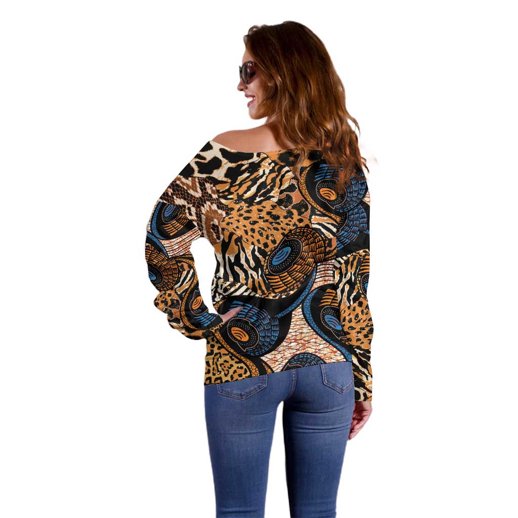 African Ankara Motifs Mixed Animal Skins Off Shoulder Sweater - Wonder Print Shop