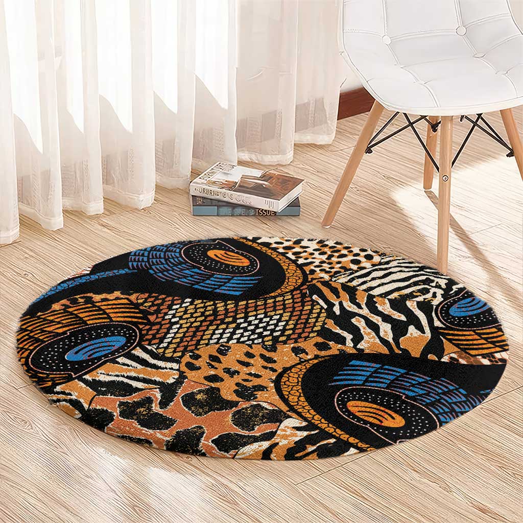 African Ankara Motifs Mixed Animal Skins Round Carpet - Wonder Print Shop
