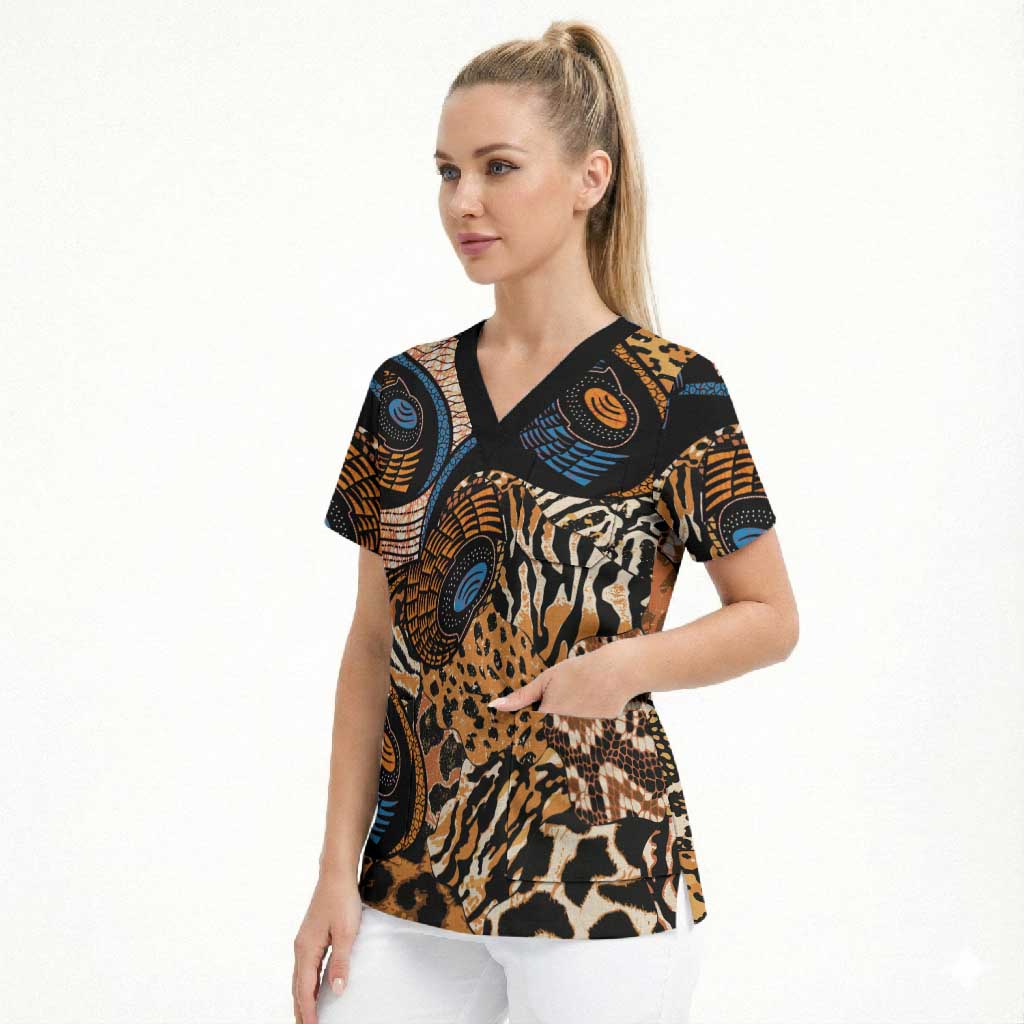 African Ankara Motifs Mixed Animal Skins Scrub Top