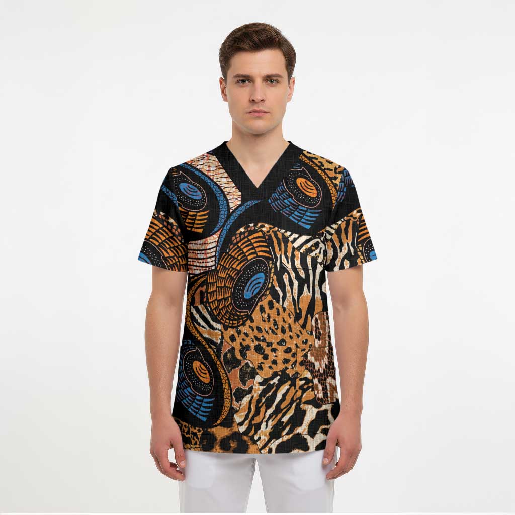 African Ankara Motifs Mixed Animal Skins Scrub Top