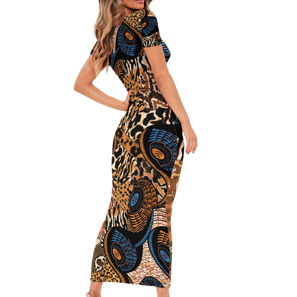 African Ankara Motifs Mixed Animal Skins Short Sleeve Bodycon Dress - Wonder Print Shop