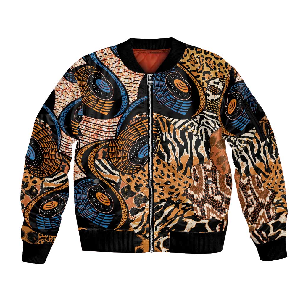 African Ankara Motifs Mixed Animal Skins Sleeve Zip Bomber Jacket - Wonder Print Shop