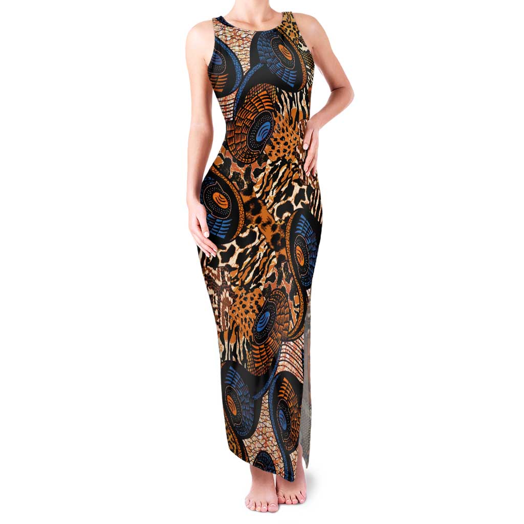 African Ankara Motifs Mixed Animal Skins Tank Maxi Dress - Wonder Print Shop