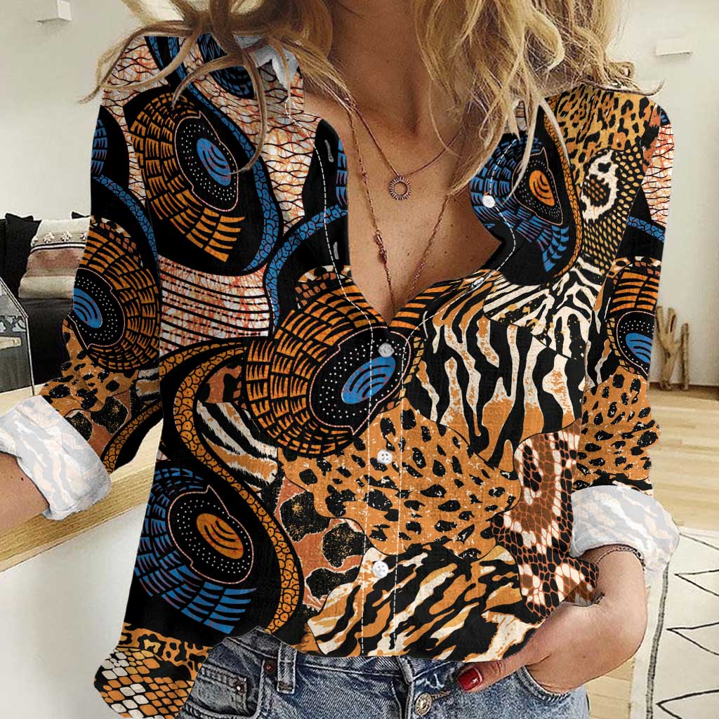 African Ankara Motifs Mixed Animal Skins Women Casual Shirt - Wonder Print Shop