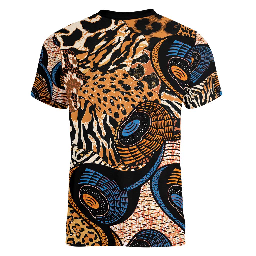 African Ankara Motifs Mixed Animal Skins Women V-Neck T-Shirt - Wonder Print Shop