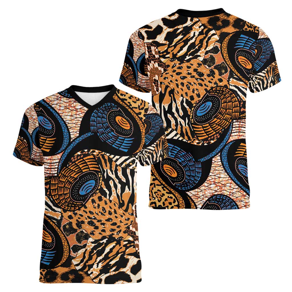 African Ankara Motifs Mixed Animal Skins Women V-Neck T-Shirt - Wonder Print Shop