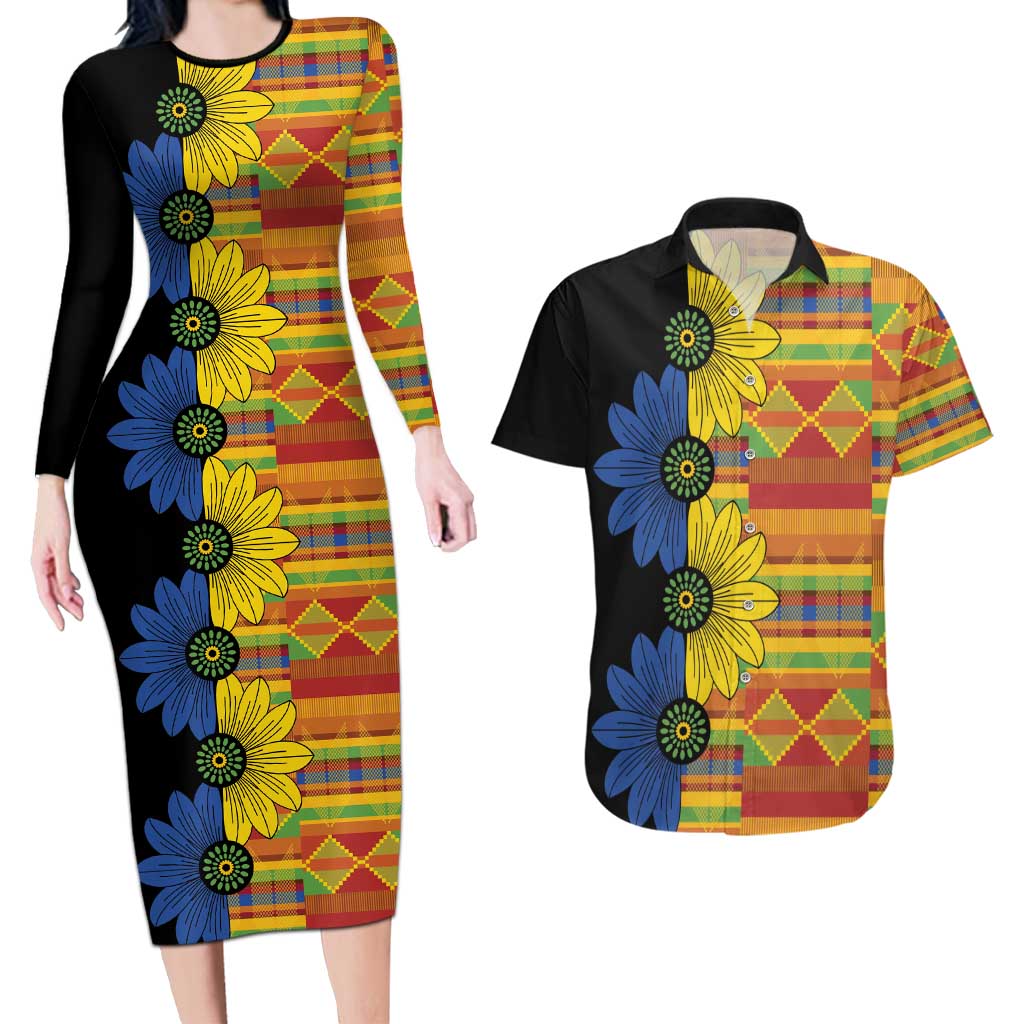 African Ethnic Kitenge Ankara Style Couples Matching Long Sleeve Bodycon Dress and Hawaiian Shirt