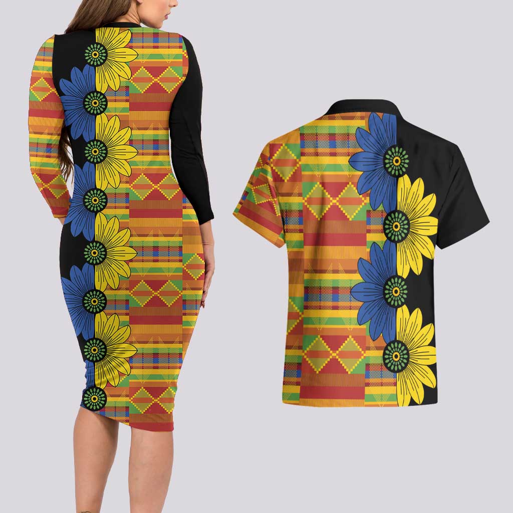 African Ethnic Kitenge Ankara Style Couples Matching Long Sleeve Bodycon Dress and Hawaiian Shirt
