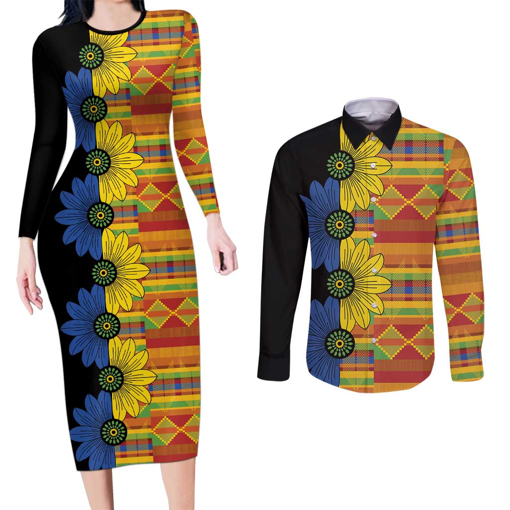 African Ethnic Kitenge Ankara Style Couples Matching Long Sleeve Bodycon Dress and Long Sleeve Button Shirt