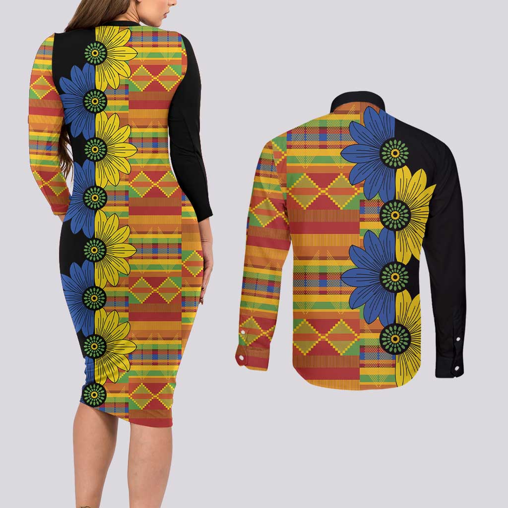 African Ethnic Kitenge Ankara Style Couples Matching Long Sleeve Bodycon Dress and Long Sleeve Button Shirt
