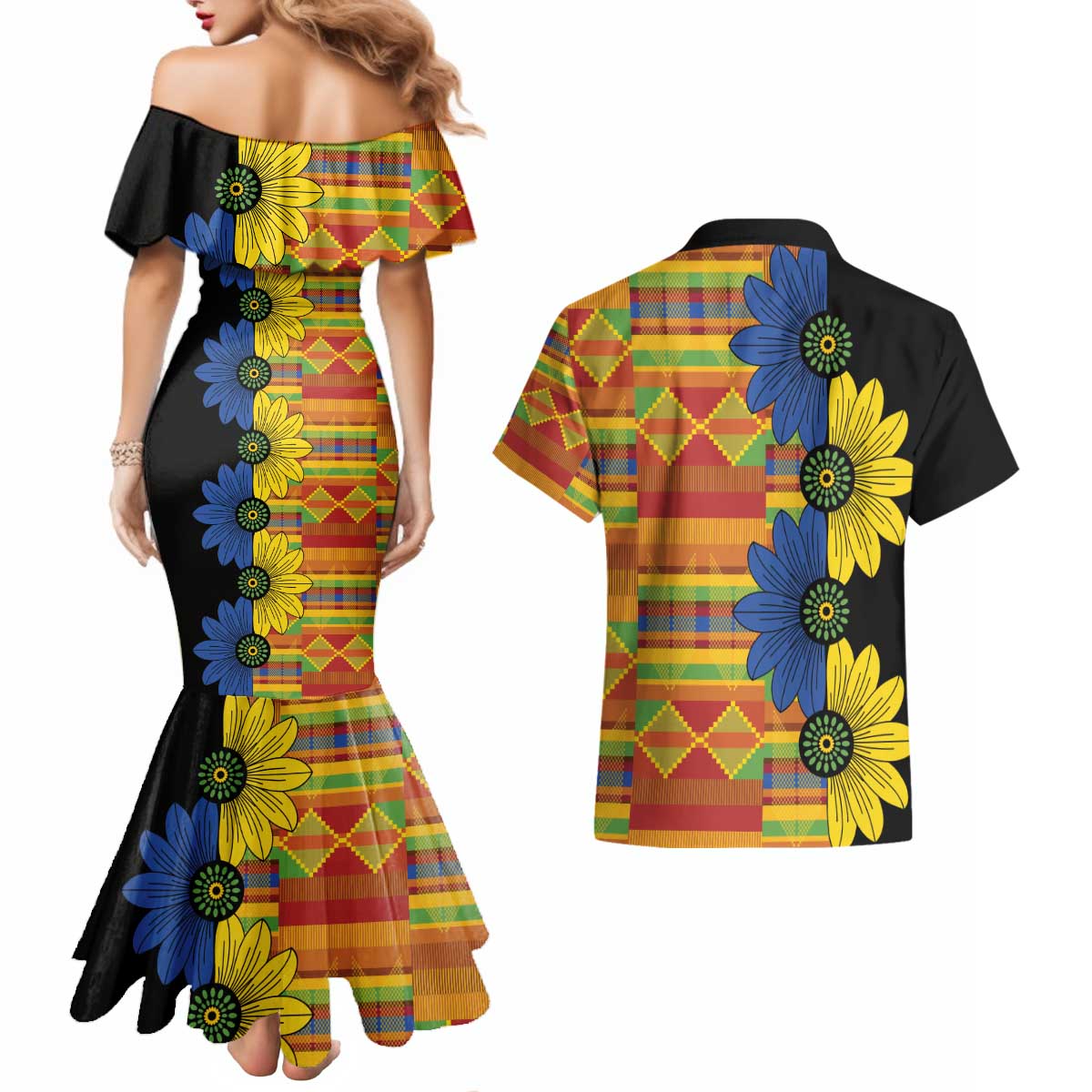 African Ethnic Kitenge Ankara Style Couples Matching Mermaid Dress and Hawaiian Shirt