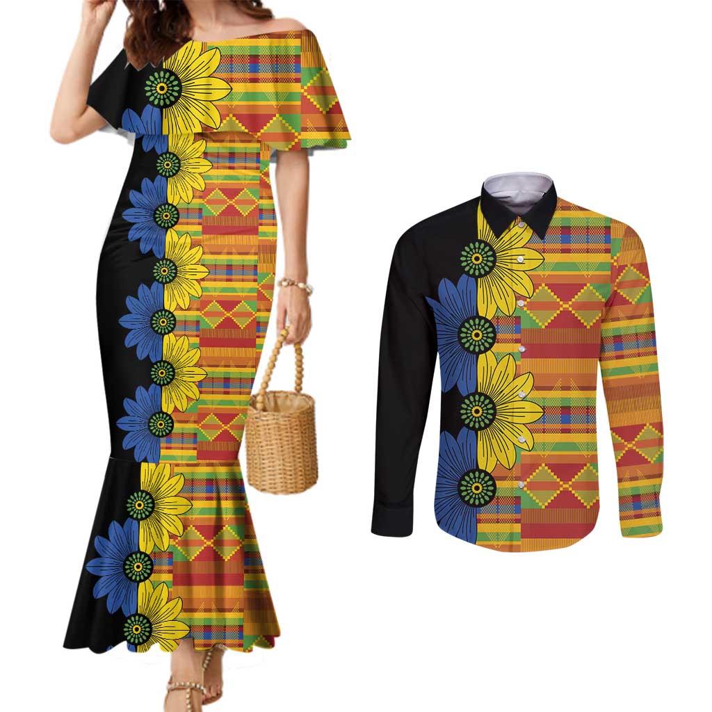 African Ethnic Kitenge Ankara Style Couples Matching Mermaid Dress and Long Sleeve Button Shirt