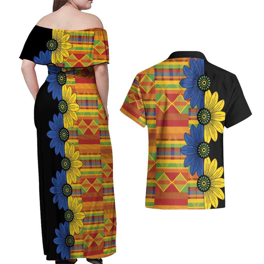 African Ethnic Kitenge Ankara Style Couples Matching Off Shoulder Maxi Dress and Hawaiian Shirt