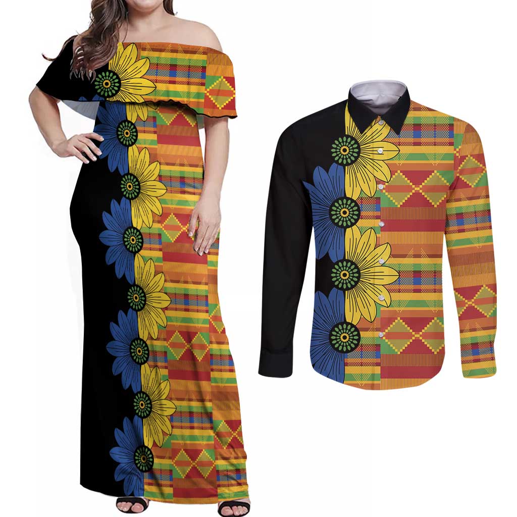 African Ethnic Kitenge Ankara Style Couples Matching Off Shoulder Maxi Dress and Long Sleeve Button Shirt