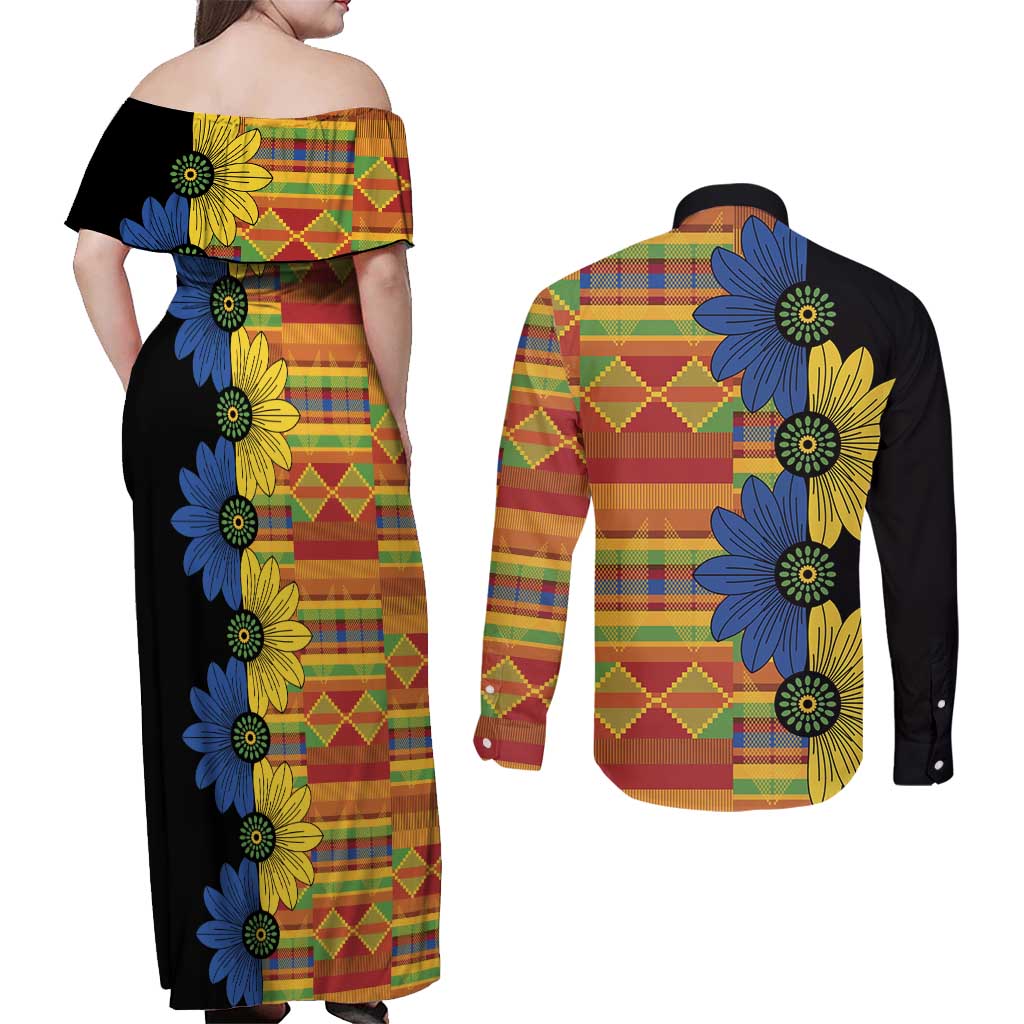 African Ethnic Kitenge Ankara Style Couples Matching Off Shoulder Maxi Dress and Long Sleeve Button Shirt