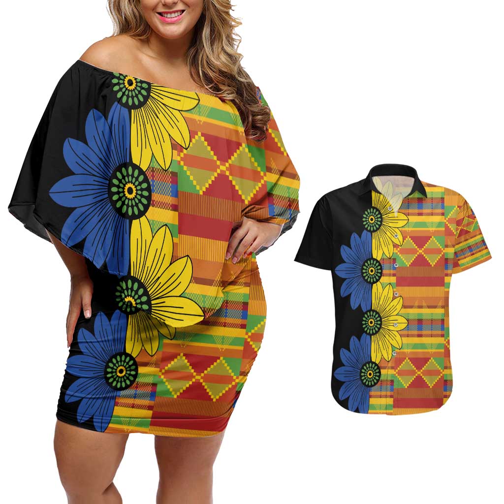 African Ethnic Kitenge Ankara Style Couples Matching Off Shoulder Short Dress and Hawaiian Shirt