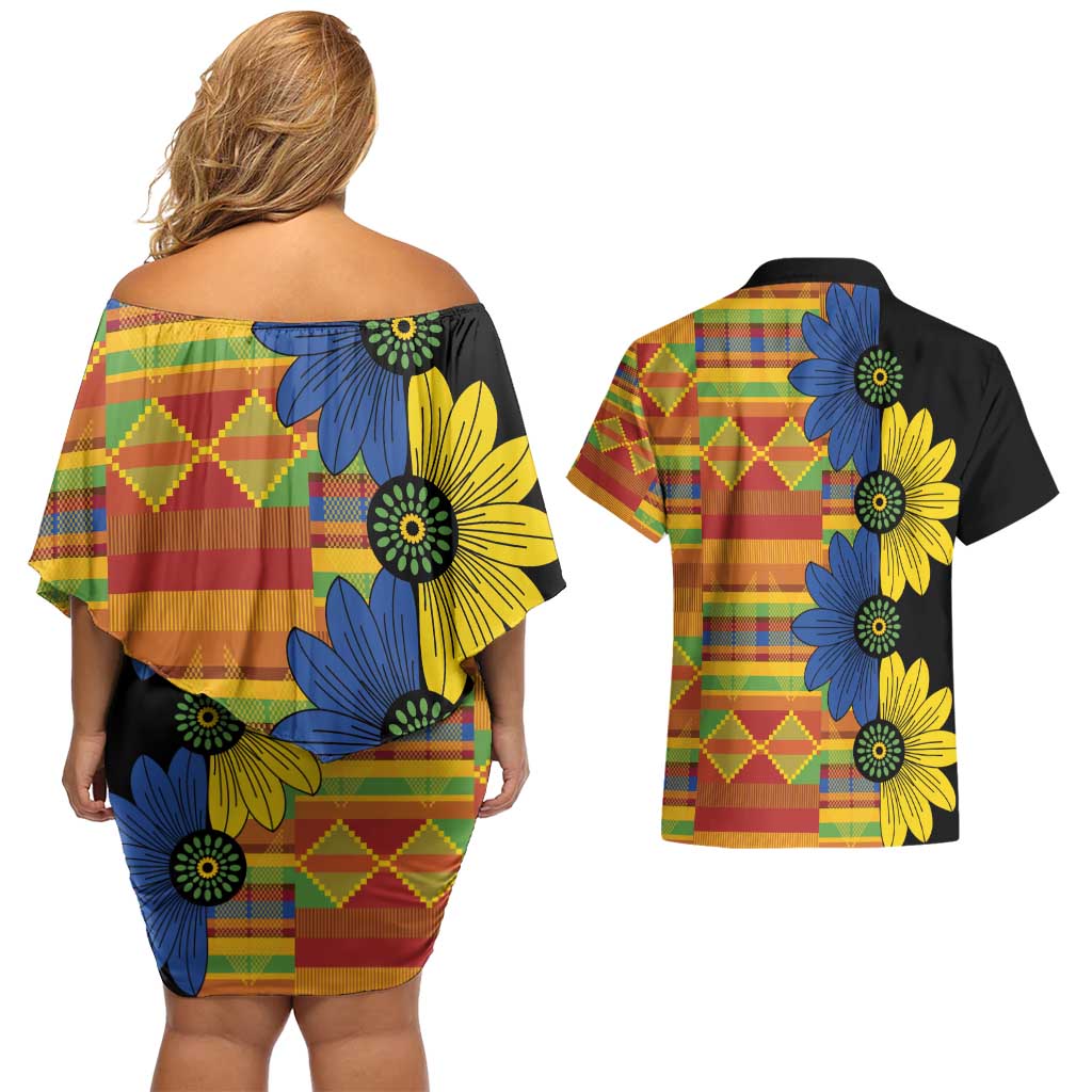 African Ethnic Kitenge Ankara Style Couples Matching Off Shoulder Short Dress and Hawaiian Shirt