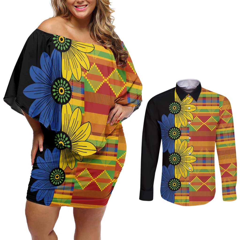African Ethnic Kitenge Ankara Style Couples Matching Off Shoulder Short Dress and Long Sleeve Button Shirt