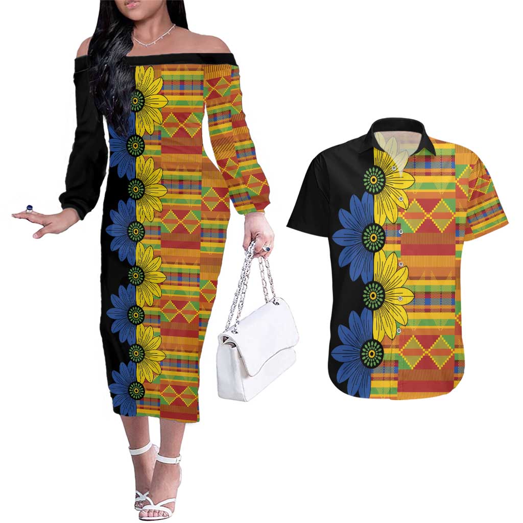 African Ethnic Kitenge Ankara Style Couples Matching Off The Shoulder Long Sleeve Dress and Hawaiian Shirt